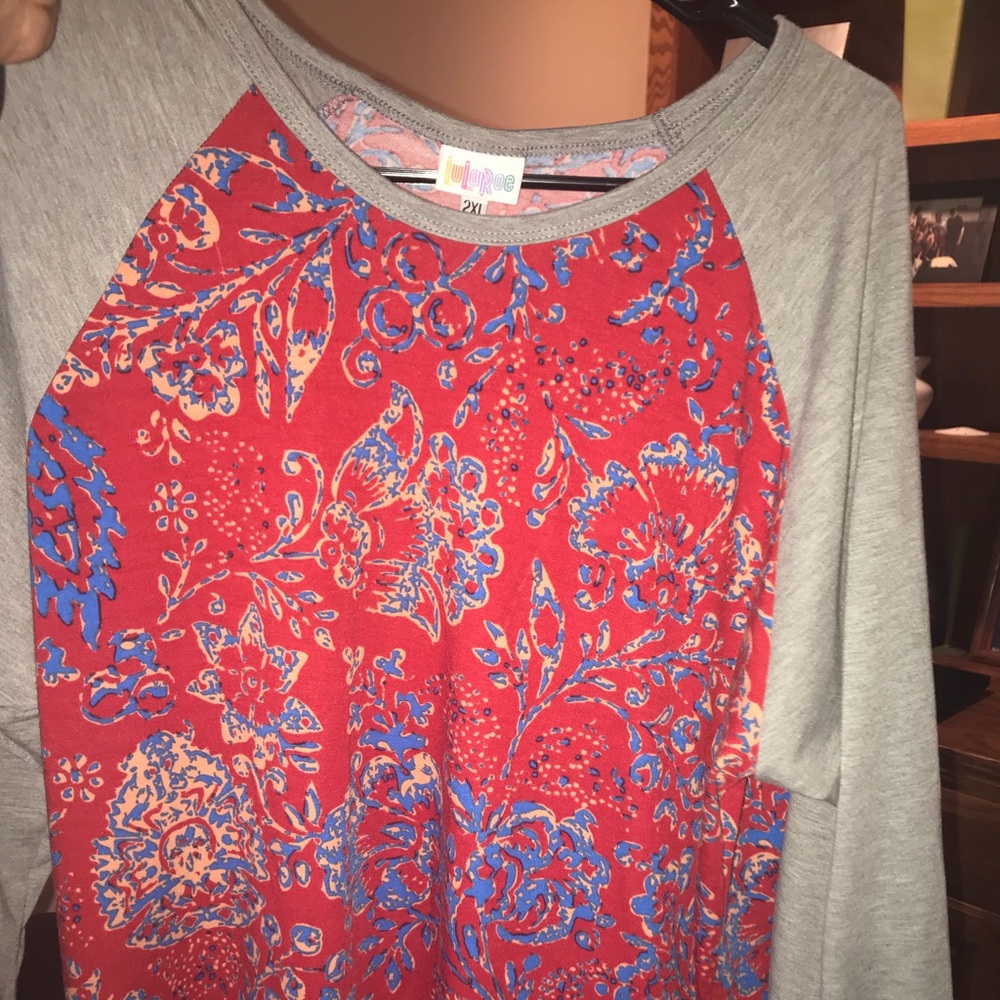 Lularoe Randy, Red and Blue with grey sleeves